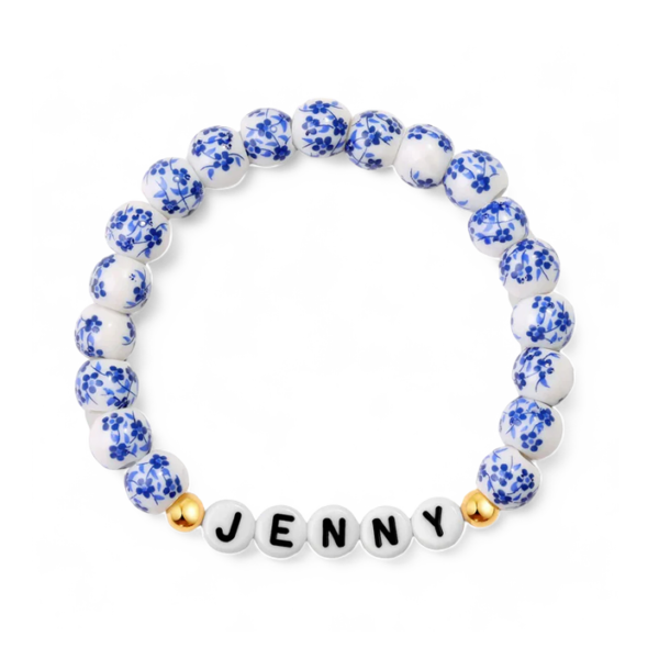 Custom Name Blue Porcelain Floral Beaded Bracelet