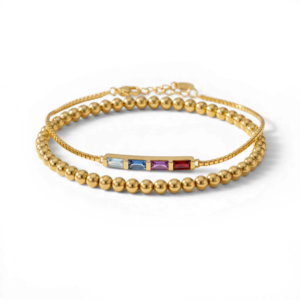 Dainty Baguette Birthstone Bracelet and Beaded Stacking Bracelet Set