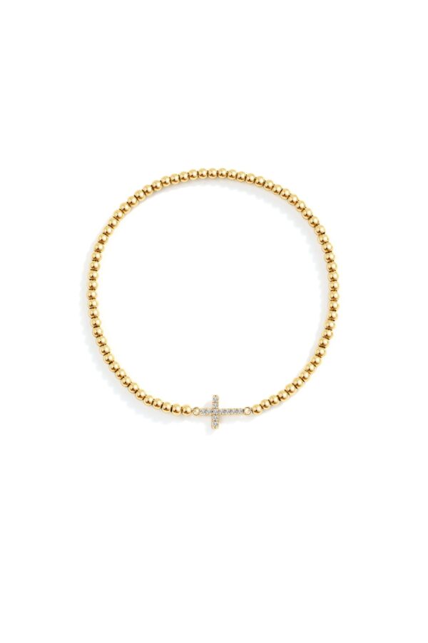 GoldBeadedCrossStretchBracelet-Flatlay-Gold