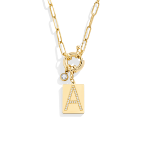 Gold Pave Initial Pendant Necklace with Paperclip Chain