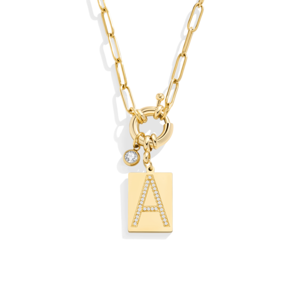 Gold Pave Initial Pendant Necklace with Paperclip Chain