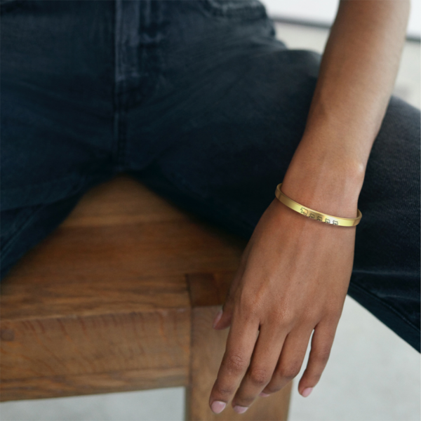 mintandlily-mama_bear_4_cubs-cuff_bracelet-wrist_down-denim-gold